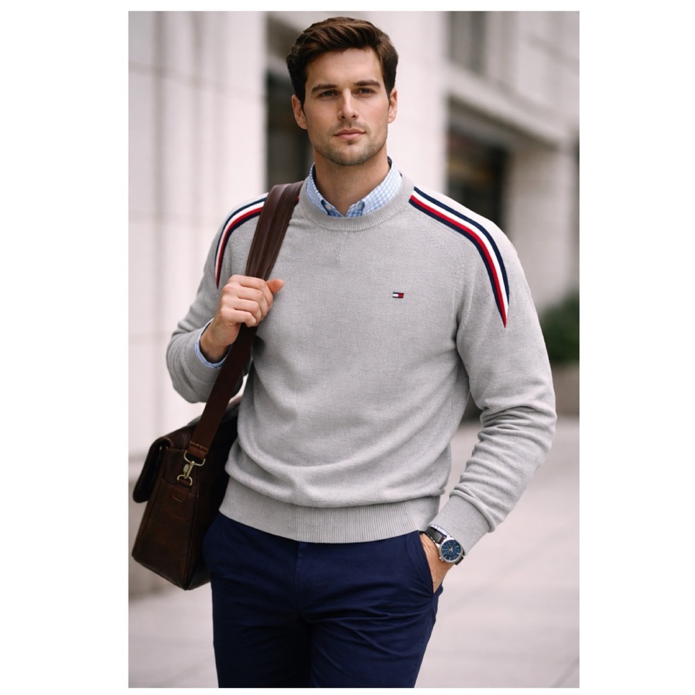 TOMMY HILFIGER Gray Logo Crewneck Sweater Sz M Sport Stripe Raglan Preppy - Picture 1 of 15